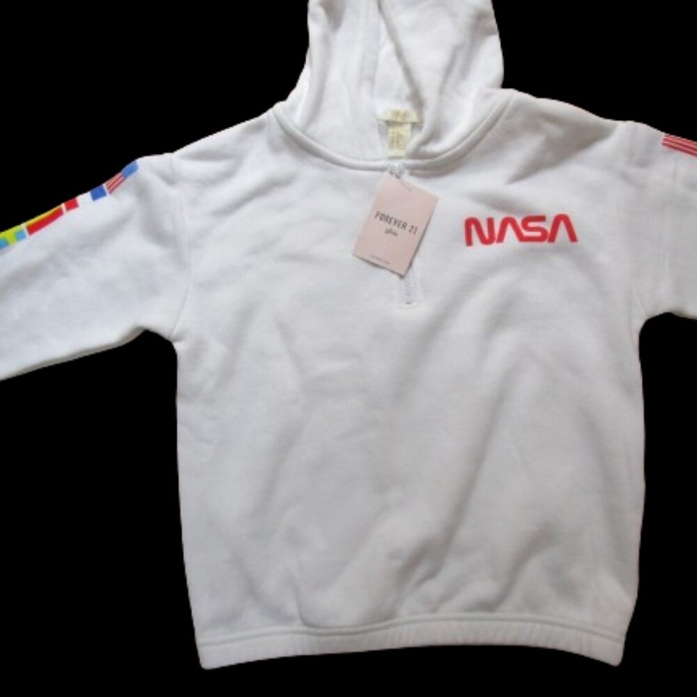 NWT Forever 21 GIRLS White NASA quarter zip crop sweatshirt Hoodie 9/10